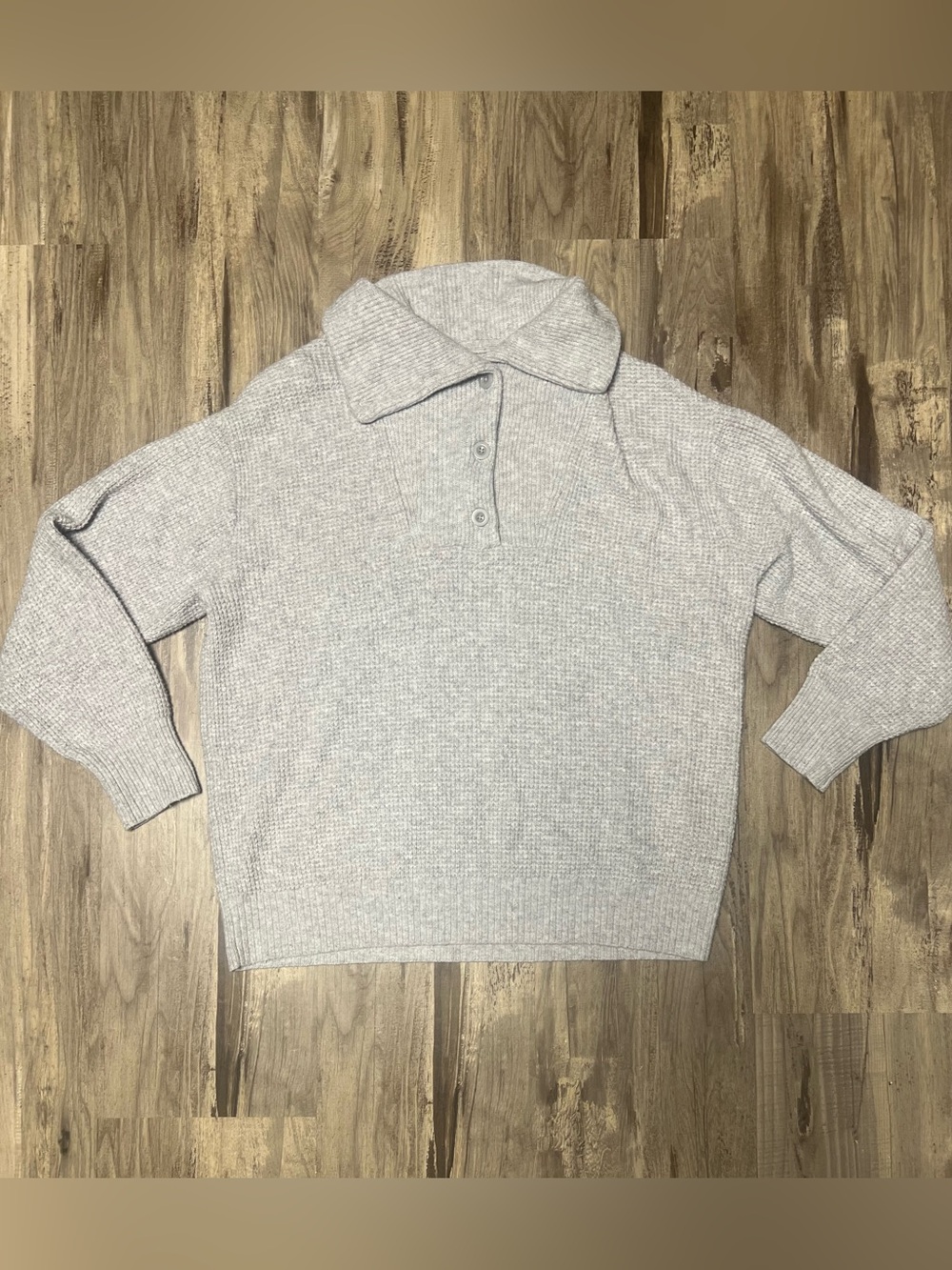 Aerie CozyUp Waffle Button Sweater Heather Grey Medium